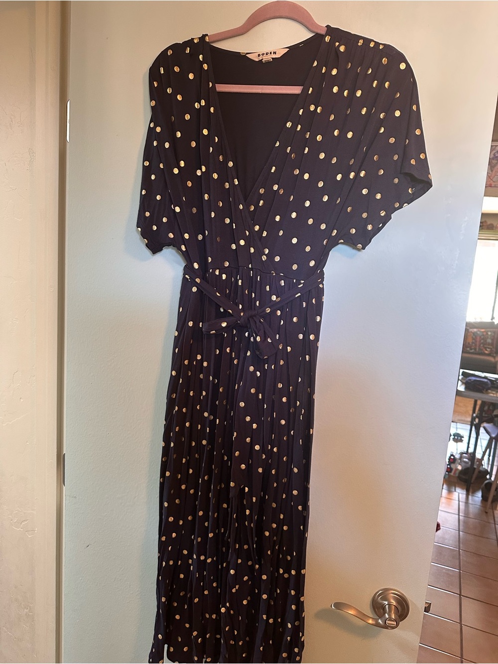 Boden Navy Blue Maxi Dress with Shimmer Gold Polka dots